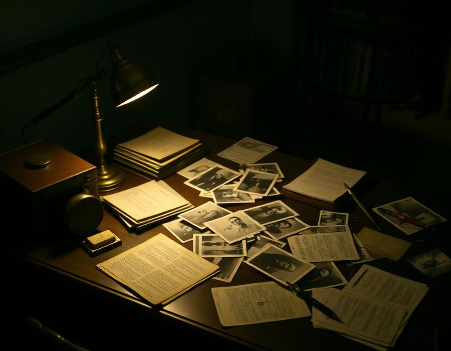 Detective desk with case files and photographs under lamp light
