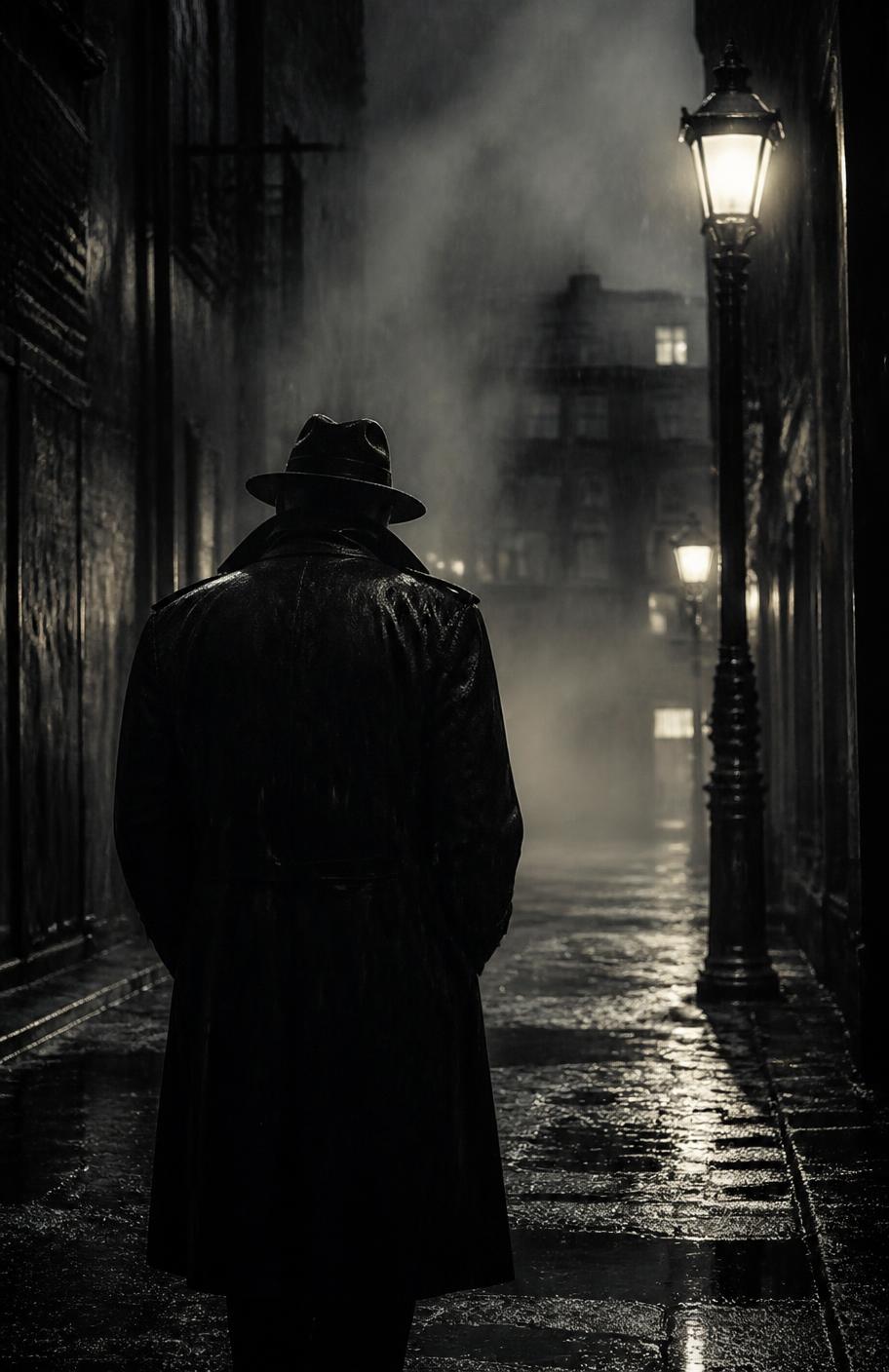 Detective in a trench coat and fedora standing in a rainy alley at night