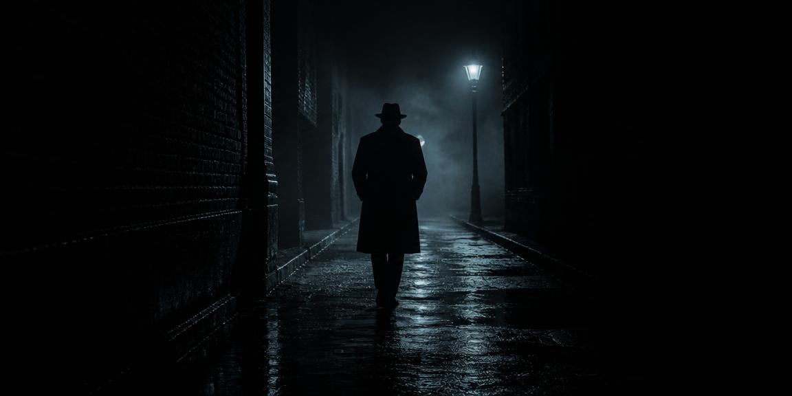Silhouette of a detective walking down a rainy alley