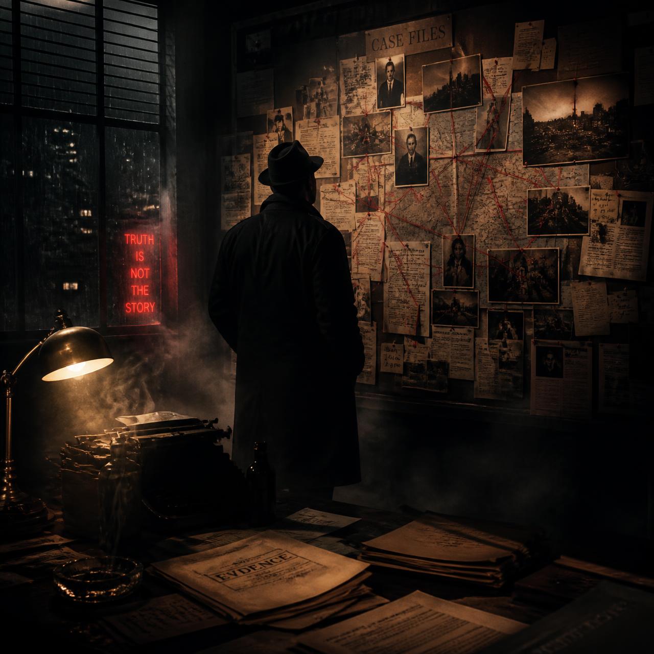 Detective analysing evidence with case screens
